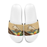 Personalised Bula Vinaka Fiji Drua Slide Sandals Fijian Traditional Canoe Tapa Cloth Beige LT14 Beige - Polynesian Pride