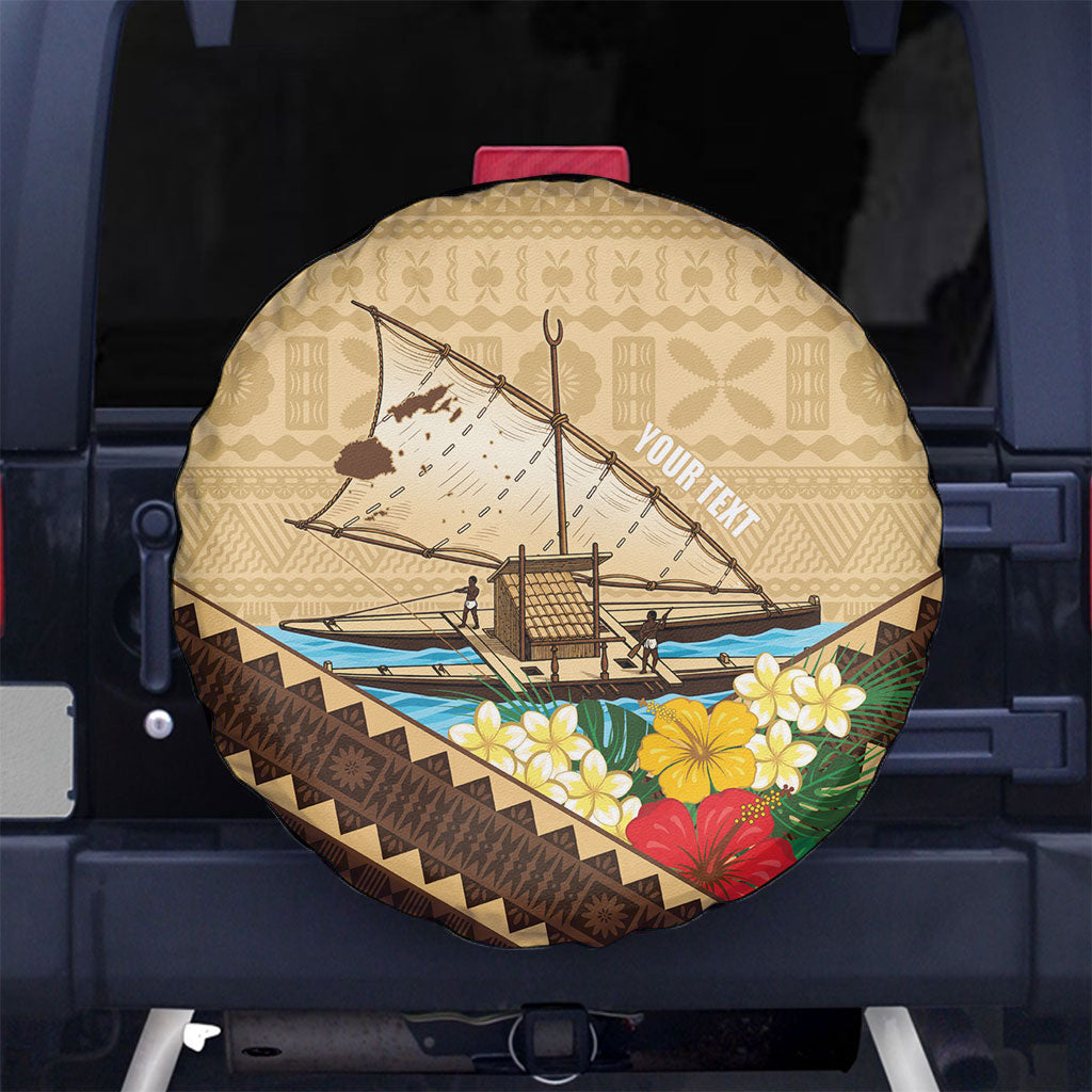 Personalised Bula Vinaka Fiji Drua Spare Tire Cover Fijian Traditional Canoe Tapa Cloth Beige LT14 No hole Beige - Polynesian Pride
