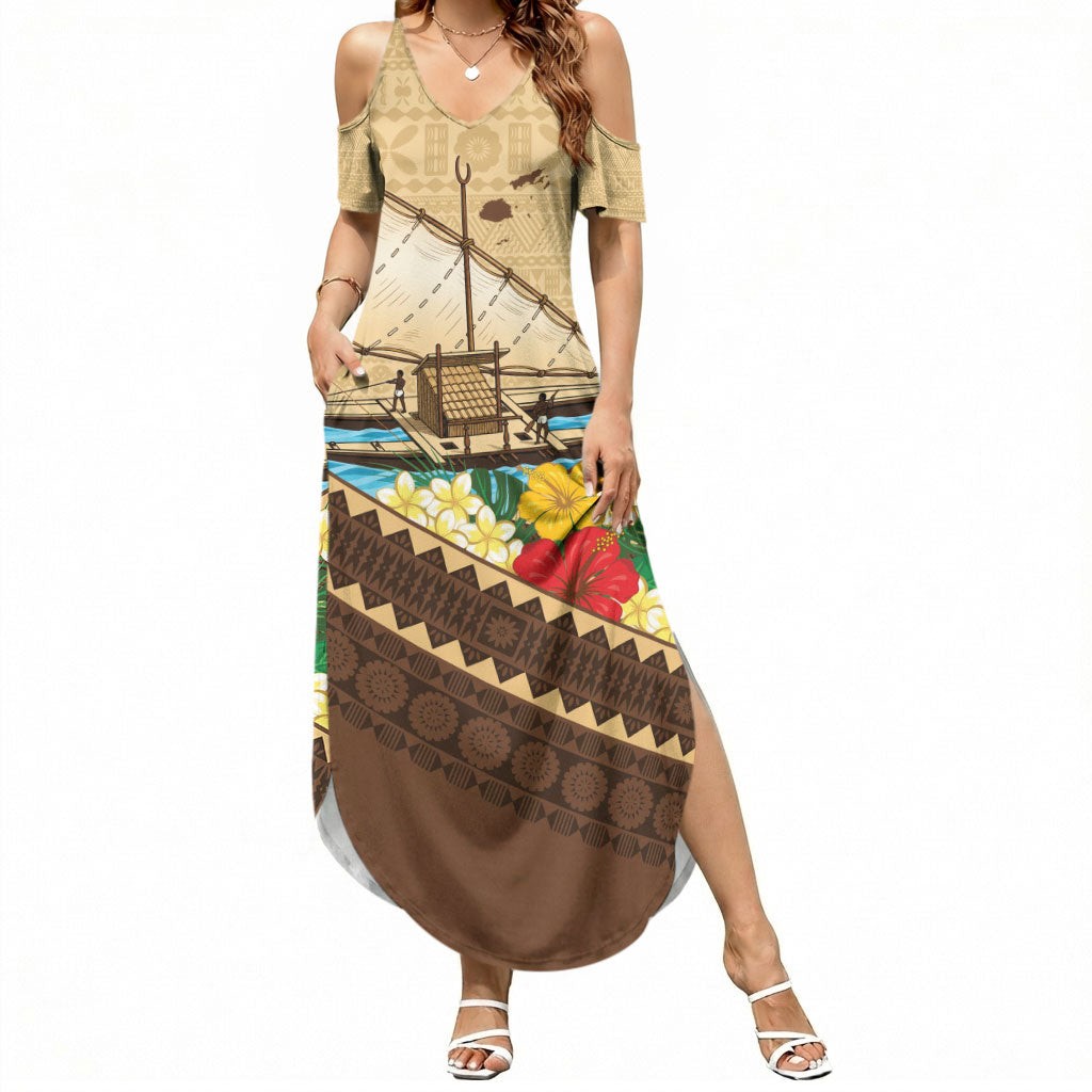 Personalised Bula Vinaka Fiji Drua Summer Maxi Dress Fijian Traditional Canoe Tapa Cloth Beige LT14 Women Beige - Polynesian Pride