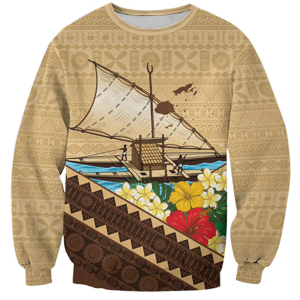 Personalised Bula Vinaka Fiji Drua Sweatshirt Fijian Traditional Canoe Tapa Cloth Beige LT14 Unisex Beige - Polynesian Pride