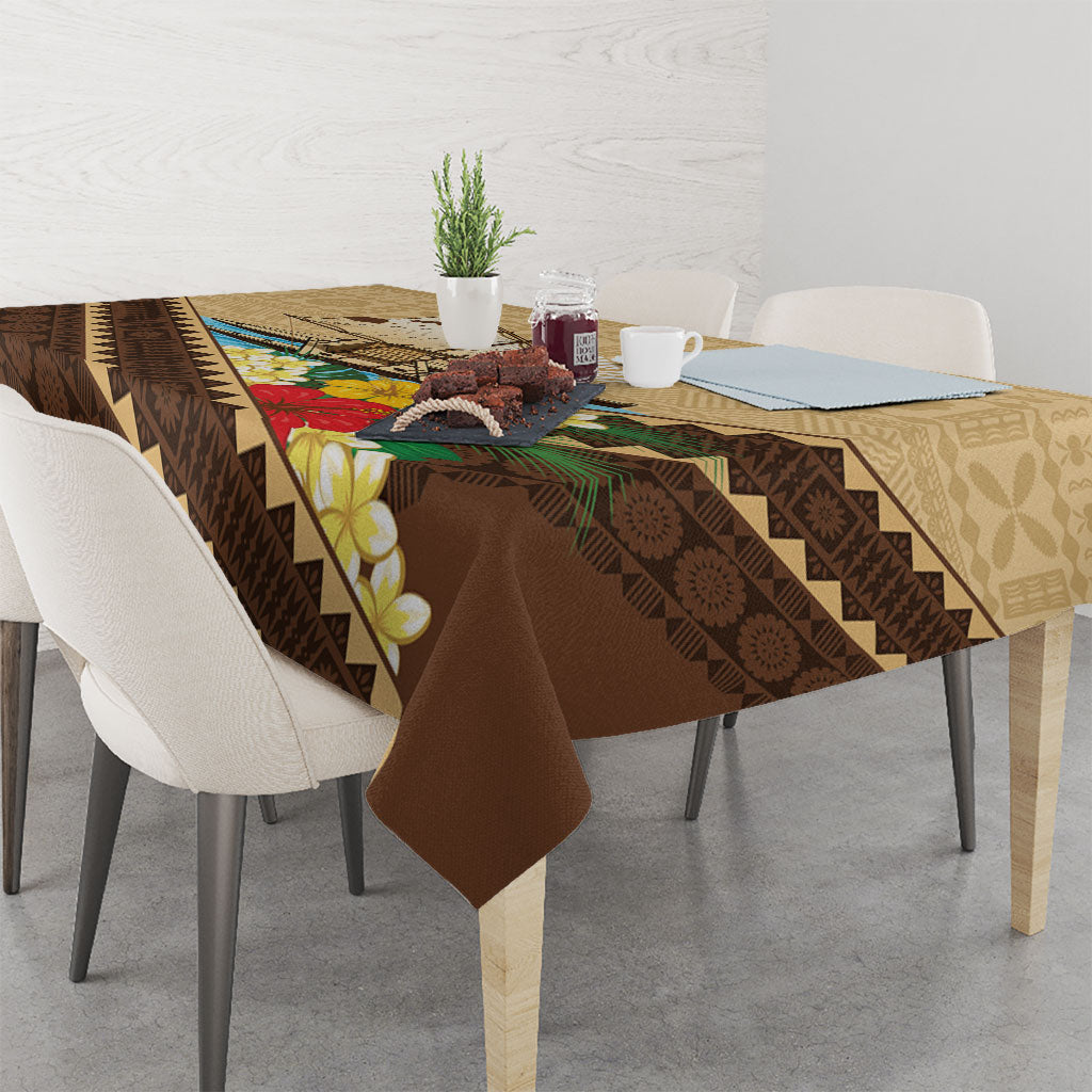 Personalised Bula Vinaka Fiji Drua Tablecloth Fijian Traditional Canoe Tapa Cloth Beige LT14 - Polynesian Pride