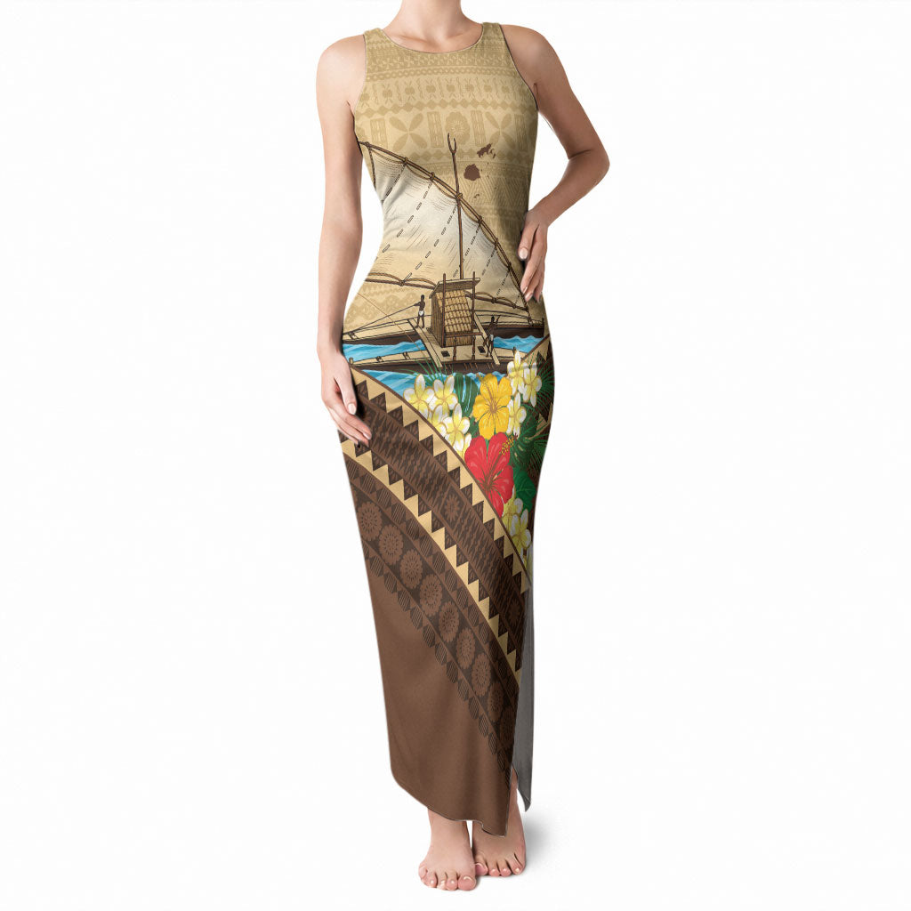Personalised Bula Vinaka Fiji Drua Tank Maxi Dress Fijian Traditional Canoe Tapa Cloth Beige LT14 Women Beige - Polynesian Pride