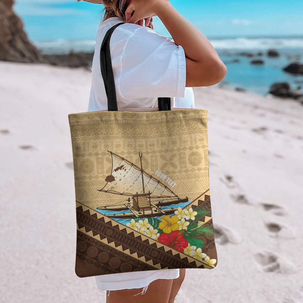 Personalised Bula Vinaka Fiji Drua Tote Bag Fijian Traditional Canoe Tapa Cloth Beige LT14 - Polynesian Pride