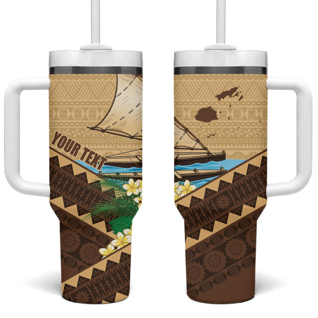 Personalised Bula Vinaka Fiji Drua Tumbler With Handle Fijian Traditional Canoe Tapa Cloth Beige LT14 One Size: 40 oz Beige - Polynesian Pride