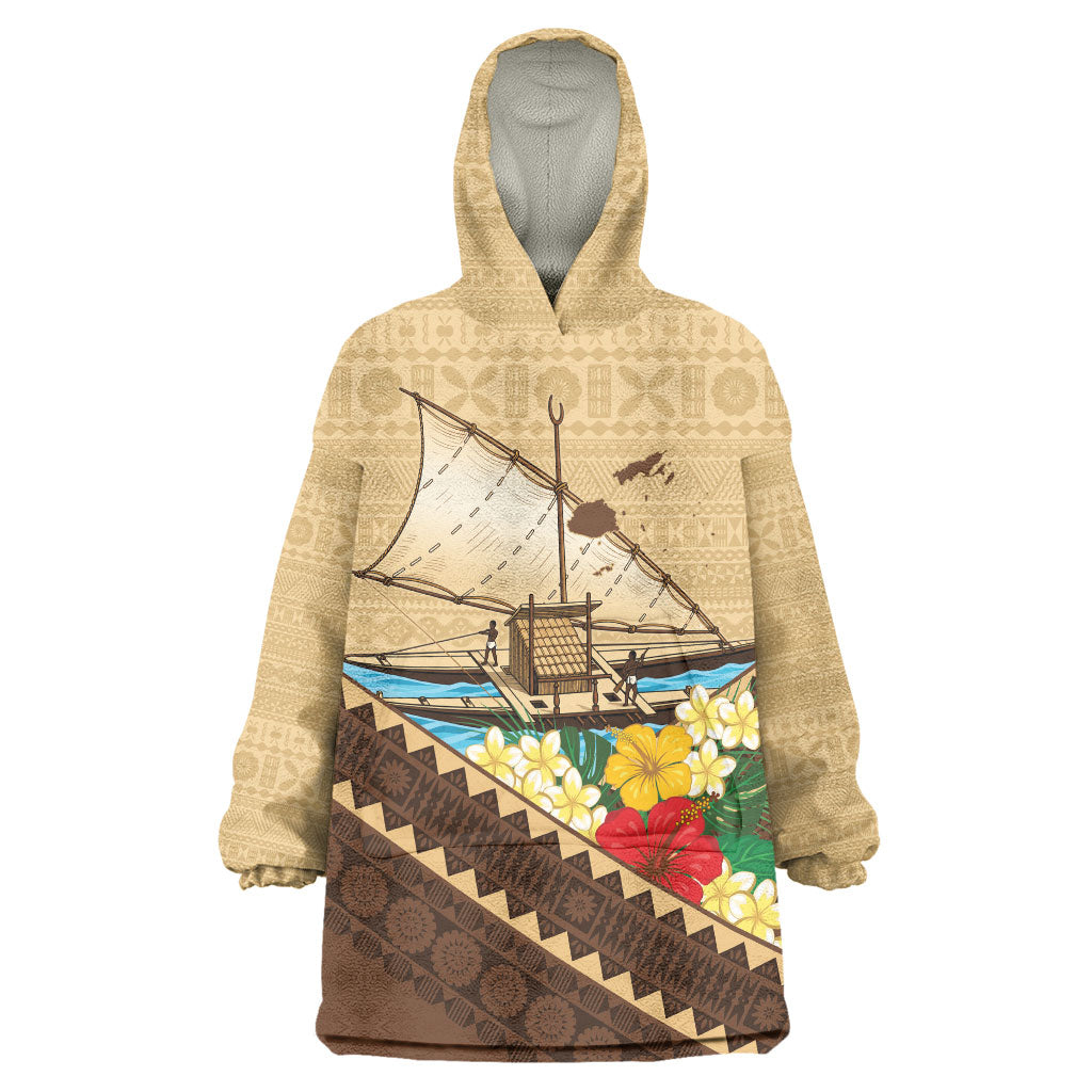 Personalised Bula Vinaka Fiji Drua Wearable Blanket Hoodie Fijian Traditional Canoe Tapa Cloth Beige LT14 One Size Beige - Polynesian Pride