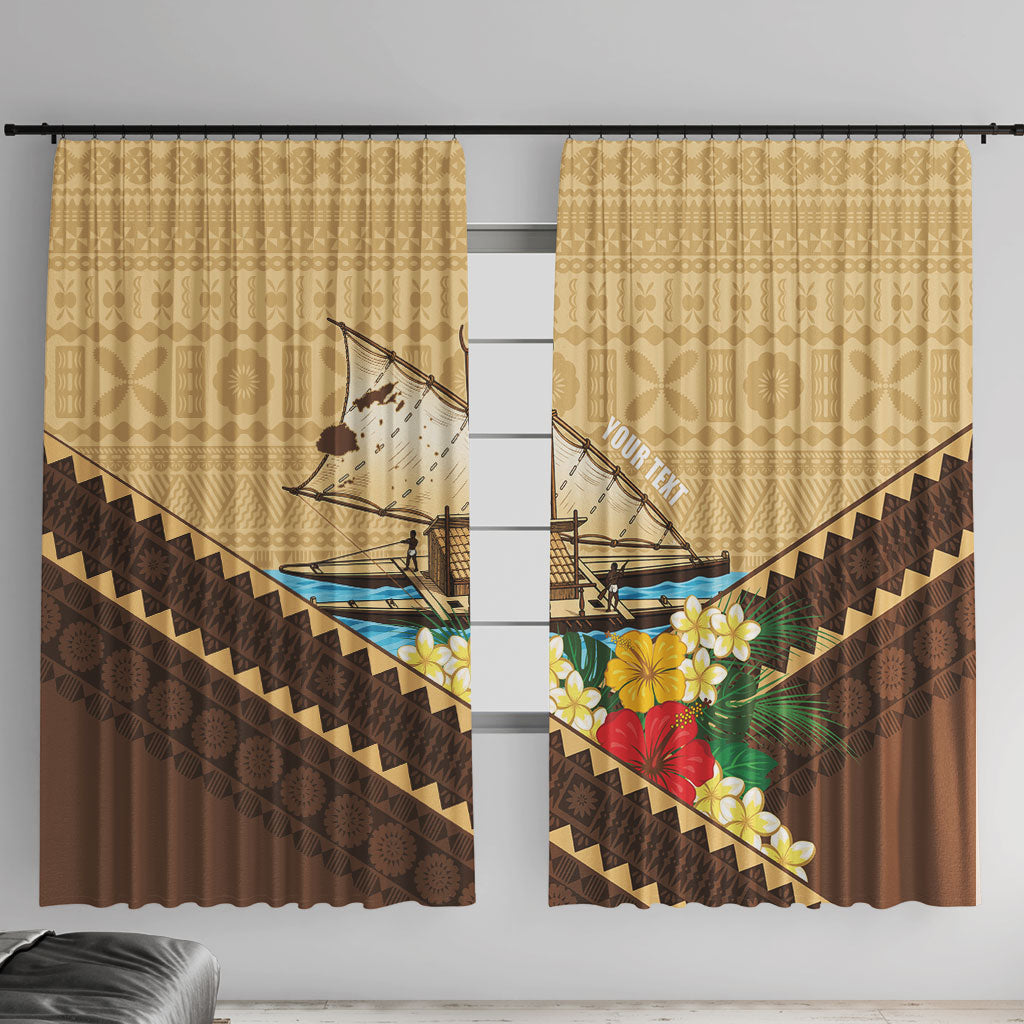 Personalised Bula Vinaka Fiji Drua Window Curtain Fijian Traditional Canoe Tapa Cloth Beige LT14 With Hooks Beige - Polynesian Pride
