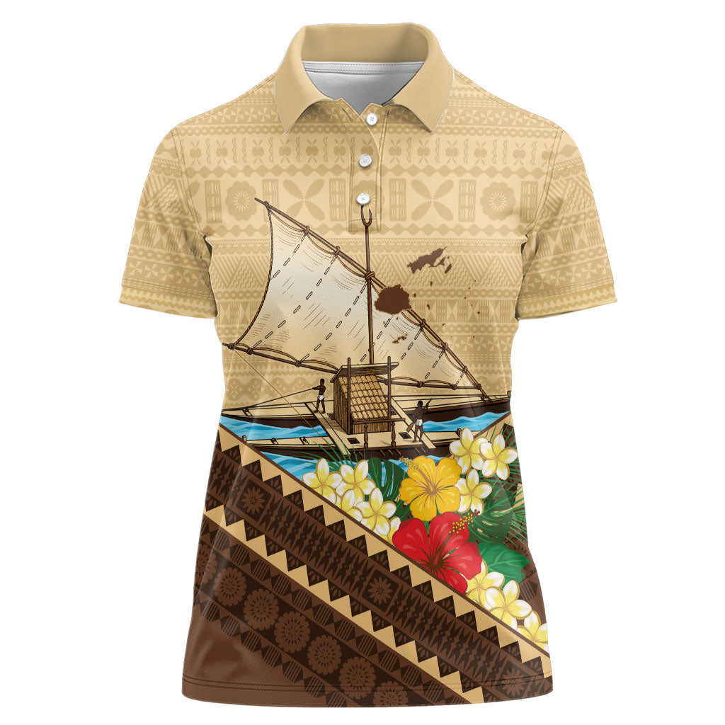 Personalised Bula Vinaka Fiji Drua Women Polo Shirt Fijian Traditional Canoe Tapa Cloth Beige