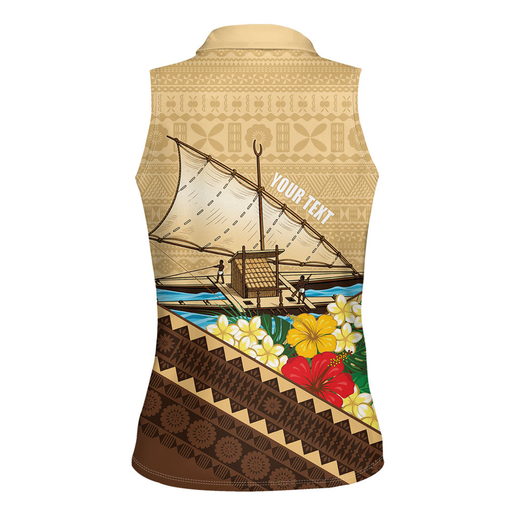 Personalised Bula Vinaka Fiji Drua Women Sleeveless Polo Shirt Fijian Traditional Canoe Tapa Cloth Beige LT14 - Polynesian Pride