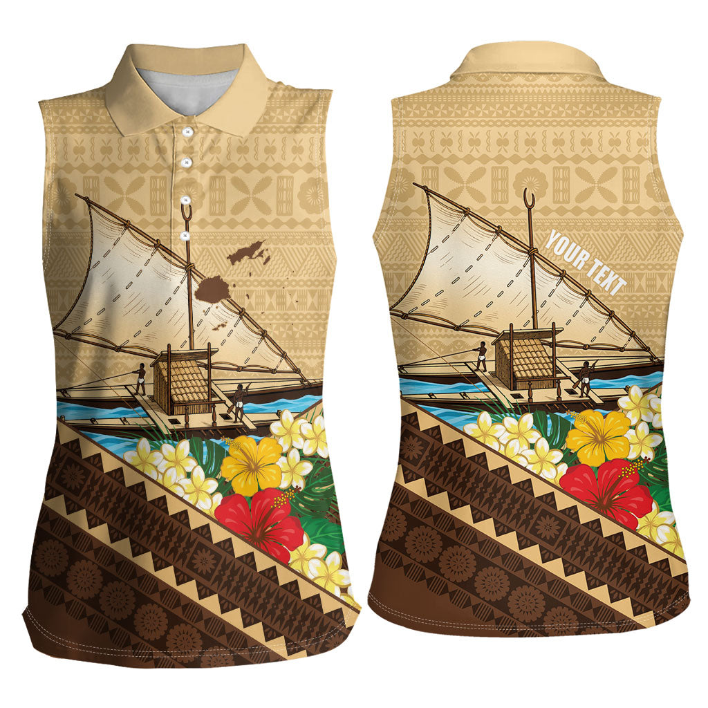 Personalised Bula Vinaka Fiji Drua Women Sleeveless Polo Shirt Fijian Traditional Canoe Tapa Cloth Beige LT14 - Polynesian Pride