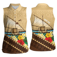 Personalised Bula Vinaka Fiji Drua Women Sleeveless Polo Shirt Fijian Traditional Canoe Tapa Cloth Beige LT14 - Polynesian Pride