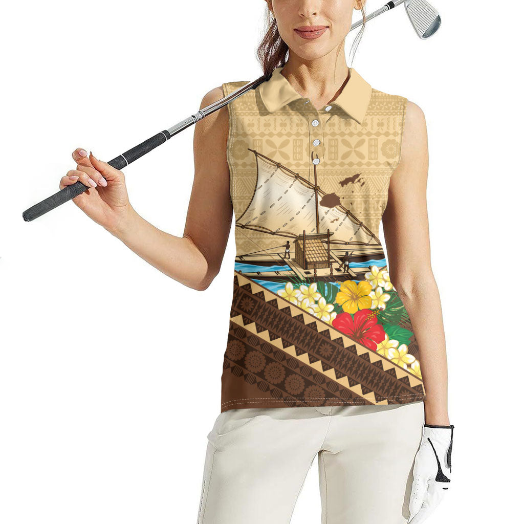Personalised Bula Vinaka Fiji Drua Women Sleeveless Polo Shirt Fijian Traditional Canoe Tapa Cloth Beige LT14 - Polynesian Pride