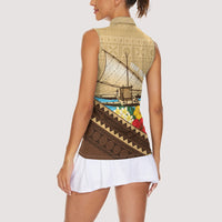 Personalised Bula Vinaka Fiji Drua Women Sleeveless Polo Shirt Fijian Traditional Canoe Tapa Cloth Beige LT14 - Polynesian Pride