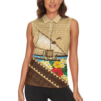 Personalised Bula Vinaka Fiji Drua Women Sleeveless Polo Shirt Fijian Traditional Canoe Tapa Cloth Beige LT14 - Polynesian Pride