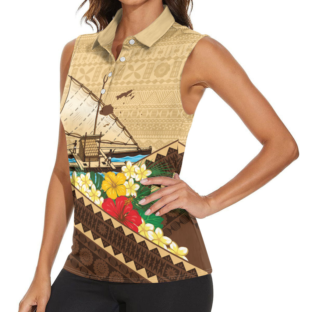 Personalised Bula Vinaka Fiji Drua Women Sleeveless Polo Shirt Fijian Traditional Canoe Tapa Cloth Beige LT14 - Polynesian Pride