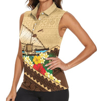 Personalised Bula Vinaka Fiji Drua Women Sleeveless Polo Shirt Fijian Traditional Canoe Tapa Cloth Beige LT14 - Polynesian Pride