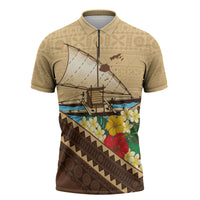 Personalised Bula Vinaka Fiji Drua Zipper Polo Shirt Fijian Traditional Canoe Tapa Cloth Beige LT14 Beige - Polynesian Pride