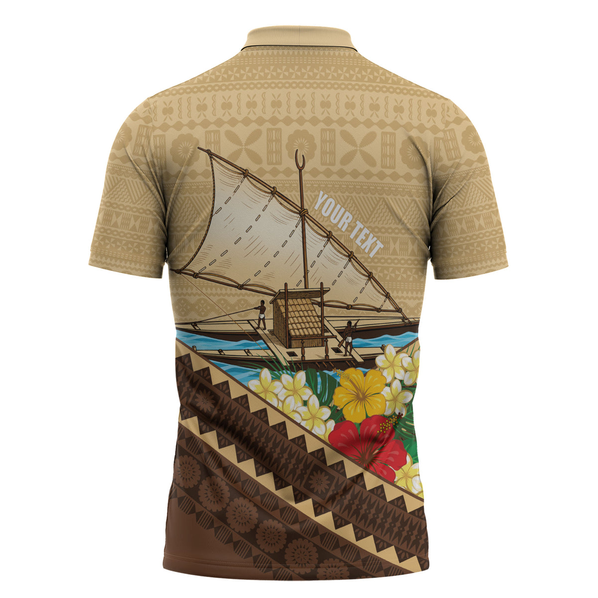 Personalised Bula Vinaka Fiji Drua Zipper Polo Shirt Fijian Traditional Canoe Tapa Cloth Beige LT14 - Polynesian Pride