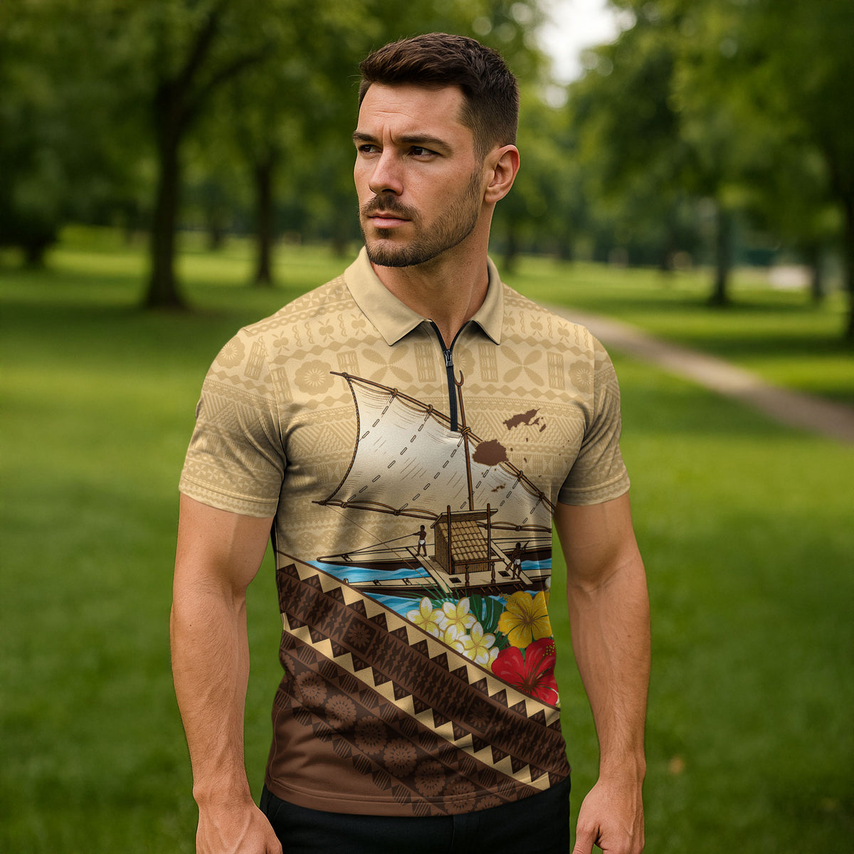 Personalised Bula Vinaka Fiji Drua Zipper Polo Shirt Fijian Traditional Canoe Tapa Cloth Beige LT14 - Polynesian Pride