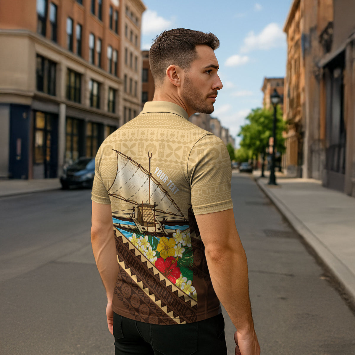 Personalised Bula Vinaka Fiji Drua Zipper Polo Shirt Fijian Traditional Canoe Tapa Cloth Beige LT14 - Polynesian Pride