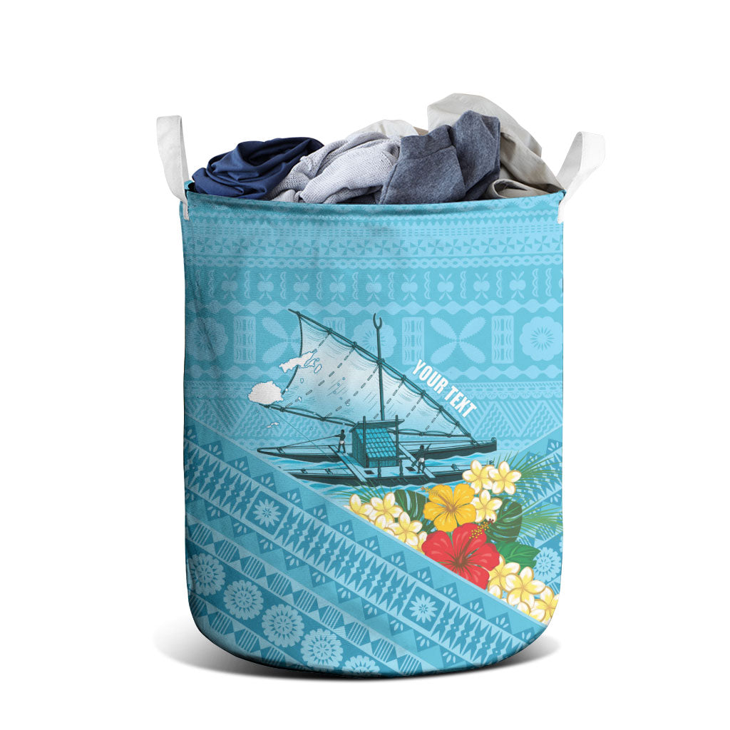 Personalised Bula Vinaka Fiji Drua Laundry Basket Fijian Traditional Canoe Tapa Cloth Blue LT14 - Polynesian Pride