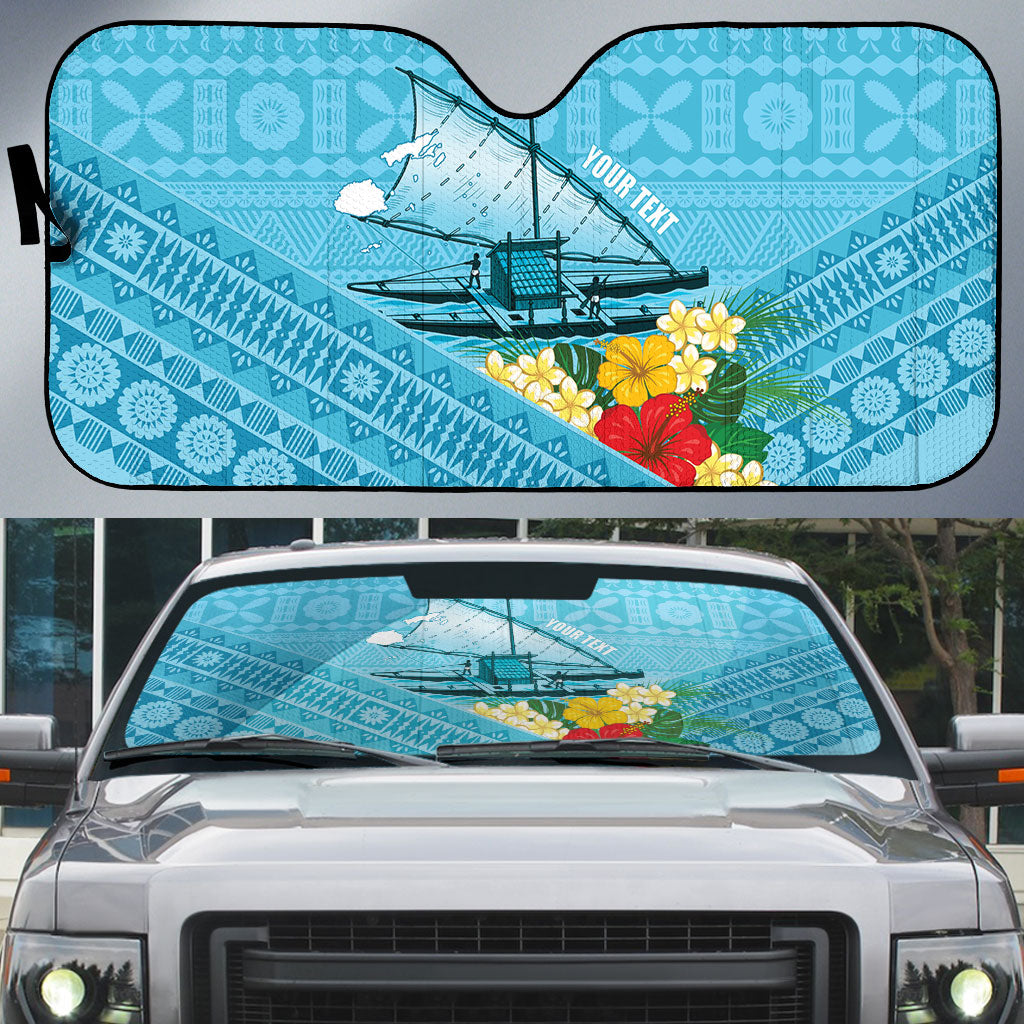 Personalised Bula Vinaka Fiji Drua Auto Sun Shade Fijian Traditional Canoe Tapa Cloth Blue LT14 Blue - Polynesian Pride