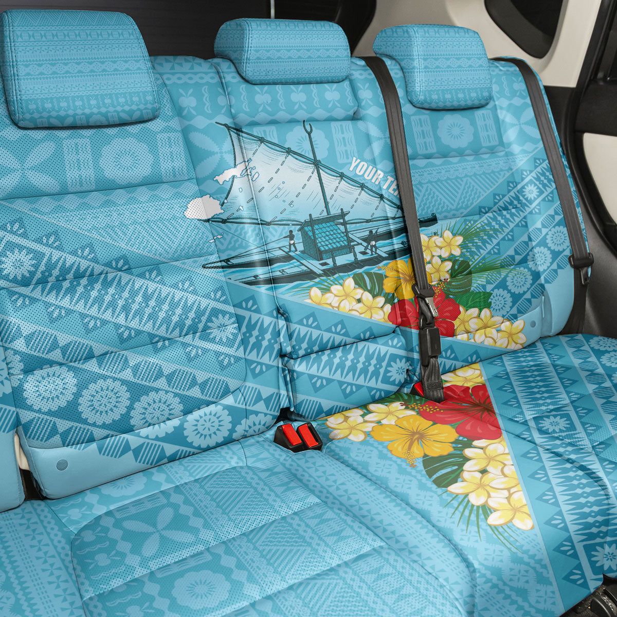 Personalised Bula Vinaka Fiji Drua Back Car Seat Cover Fijian Traditional Canoe Tapa Cloth Blue LT14 - Polynesian Pride