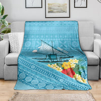 Personalised Bula Vinaka Fiji Drua Blanket Fijian Traditional Canoe Tapa Cloth Blue LT14 - Polynesian Pride