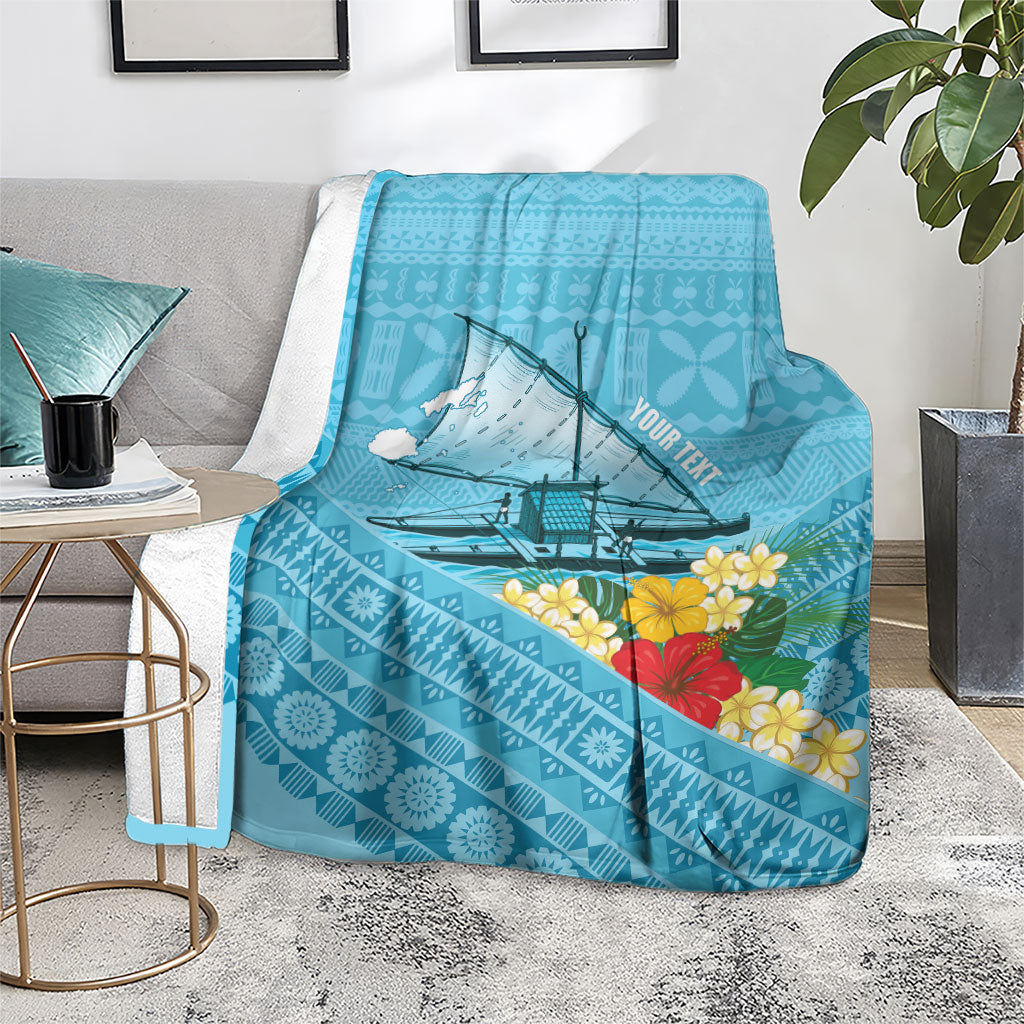 Personalised Bula Vinaka Fiji Drua Blanket Fijian Traditional Canoe Tapa Cloth Blue LT14 - Polynesian Pride