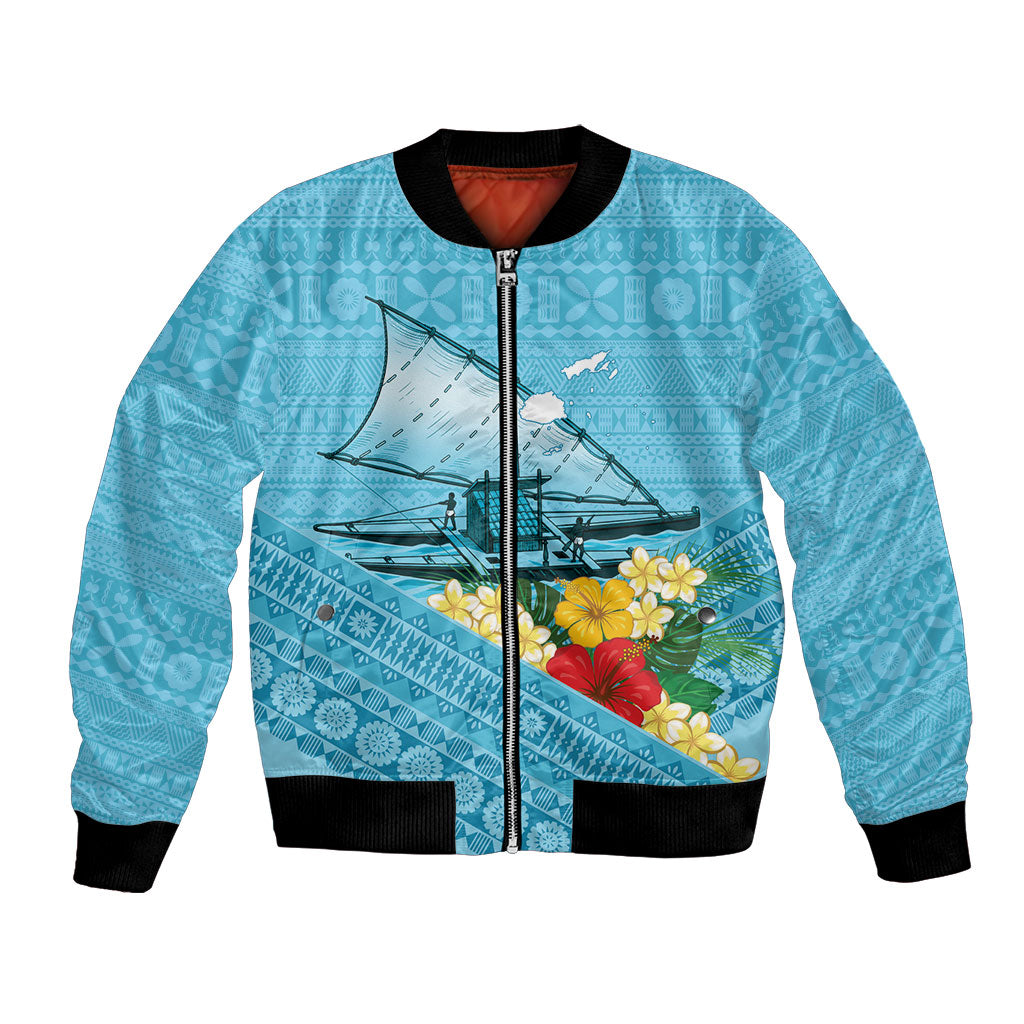 Personalised Bula Vinaka Fiji Drua Bomber Jacket Fijian Traditional Canoe Tapa Cloth Blue LT14 Unisex Blue - Polynesian Pride