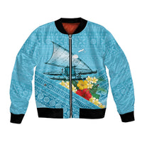 Personalised Bula Vinaka Fiji Drua Bomber Jacket Fijian Traditional Canoe Tapa Cloth Blue LT14 Unisex Blue - Polynesian Pride
