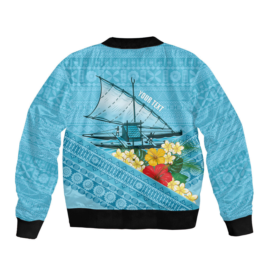 Personalised Bula Vinaka Fiji Drua Bomber Jacket Fijian Traditional Canoe Tapa Cloth Blue LT14 - Polynesian Pride
