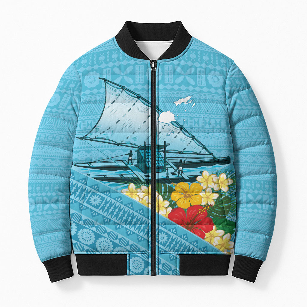 Personalised Bula Vinaka Fiji Drua Bomber Puffer Jacket Fijian Traditional Canoe Tapa Cloth Blue LT14 Unisex Blue - Polynesian Pride