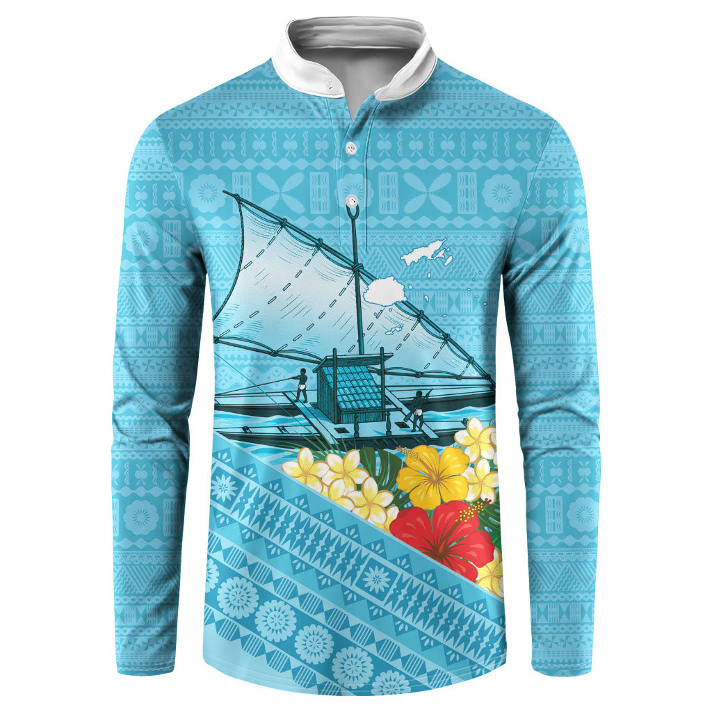 Personalised Bula Vinaka Fiji Drua Button Sweatshirt Fijian Traditional Canoe Tapa Cloth Blue LT14 Blue - Polynesian Pride