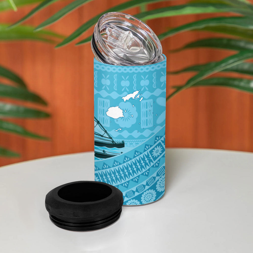 Personalised Bula Vinaka Fiji Drua 4 in 1 Can Cooler Tumbler Fijian Traditional Canoe Tapa Cloth Blue LT14 - Polynesian Pride