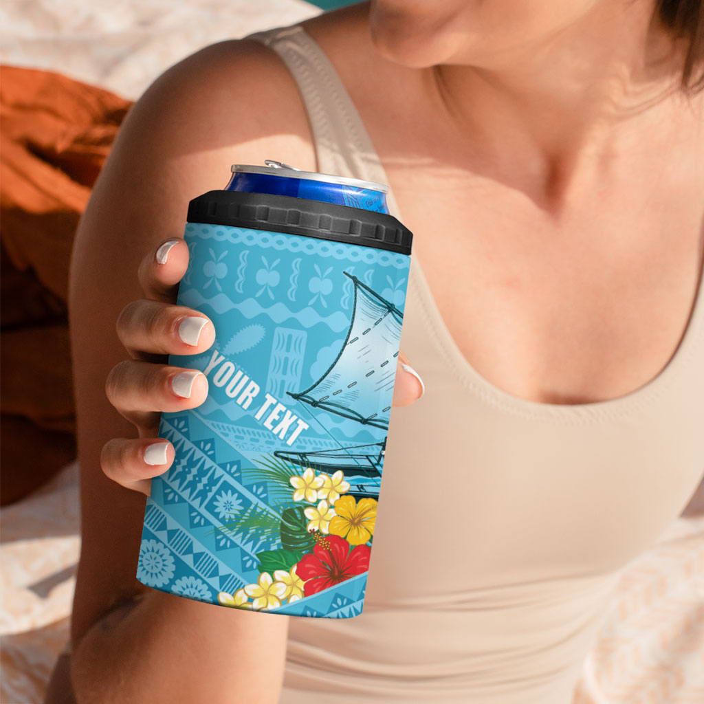 Personalised Bula Vinaka Fiji Drua 4 in 1 Can Cooler Tumbler Fijian Traditional Canoe Tapa Cloth Blue LT14 - Polynesian Pride