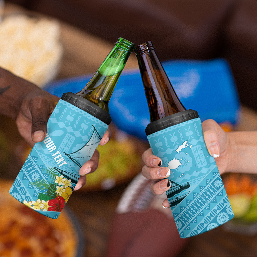 Personalised Bula Vinaka Fiji Drua 4 in 1 Can Cooler Tumbler Fijian Traditional Canoe Tapa Cloth Blue LT14 - Polynesian Pride