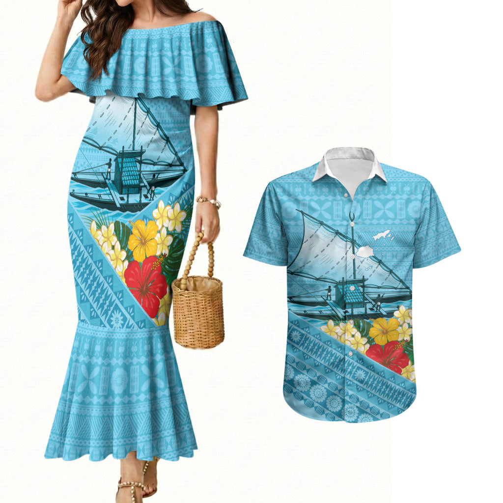 Personalised Bula Vinaka Fiji Drua Couples Matching Mermaid Dress and Hawaiian Shirt Fijian Traditional Canoe Tapa Cloth Blue LT14 Blue - Polynesian Pride