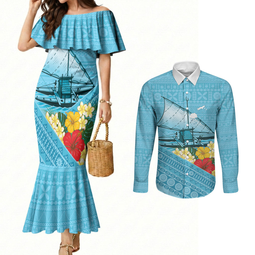 Personalised Bula Vinaka Fiji Drua Couples Matching Mermaid Dress and Long Sleeve Button Shirt Fijian Traditional Canoe Tapa Cloth Blue LT14 Blue - Polynesian Pride