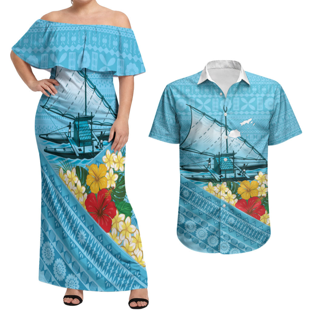Personalised Bula Vinaka Fiji Drua Couples Matching Off Shoulder Maxi Dress and Hawaiian Shirt Fijian Traditional Canoe Tapa Cloth Blue