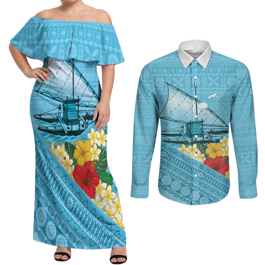 Personalised Bula Vinaka Fiji Drua Couples Matching Off Shoulder Maxi Dress and Long Sleeve Button Shirt Fijian Traditional Canoe Tapa Cloth Blue LT14 Blue - Polynesian Pride
