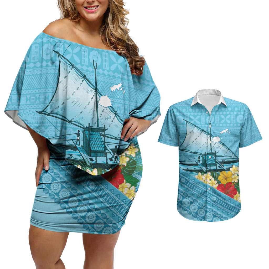 Personalised Bula Vinaka Fiji Drua Couples Matching Off Shoulder Short Dress and Hawaiian Shirt Fijian Traditional Canoe Tapa Cloth Blue LT14 Blue - Polynesian Pride