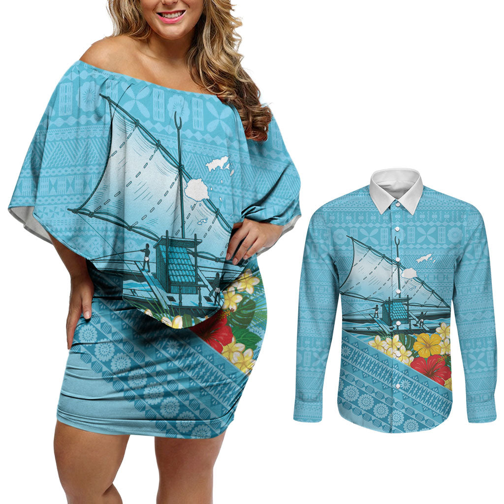 Personalised Bula Vinaka Fiji Drua Couples Matching Off Shoulder Short Dress and Long Sleeve Button Shirt Fijian Traditional Canoe Tapa Cloth Blue LT14 Blue - Polynesian Pride