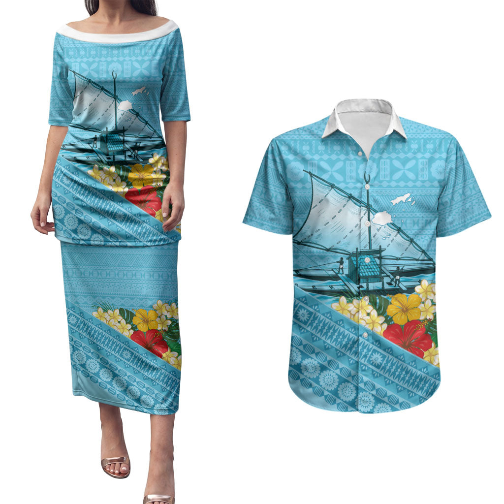 Personalised Bula Vinaka Fiji Drua Couples Matching Puletasi and Hawaiian Shirt Fijian Traditional Canoe Tapa Cloth Blue LT14 Blue - Polynesian Pride
