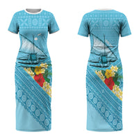 Personalised Bula Vinaka Fiji Drua Couples Matching Short Sleeve Bodycon Dress and Hawaiian Shirt Fijian Traditional Canoe Tapa Cloth Blue LT14 - Polynesian Pride