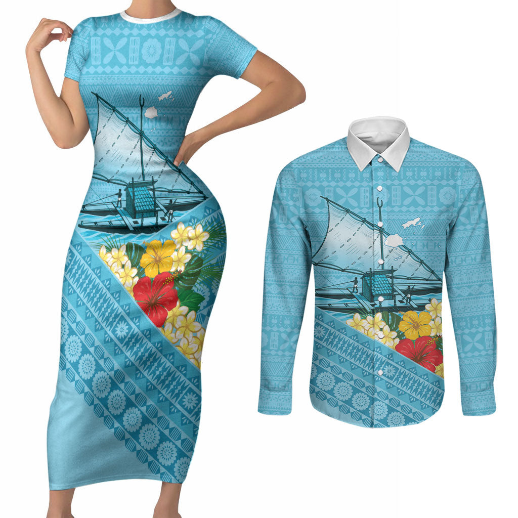 Personalised Bula Vinaka Fiji Drua Couples Matching Short Sleeve Bodycon Dress and Long Sleeve Button Shirt Fijian Traditional Canoe Tapa Cloth Blue