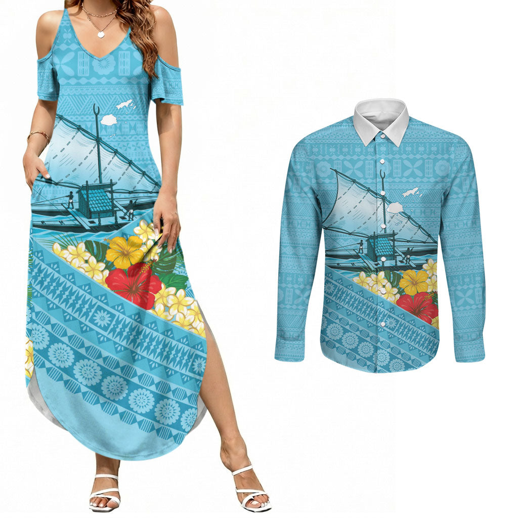 Personalised Bula Vinaka Fiji Drua Couples Matching Summer Maxi Dress and Long Sleeve Button Shirt Fijian Traditional Canoe Tapa Cloth Blue LT14 Blue - Polynesian Pride