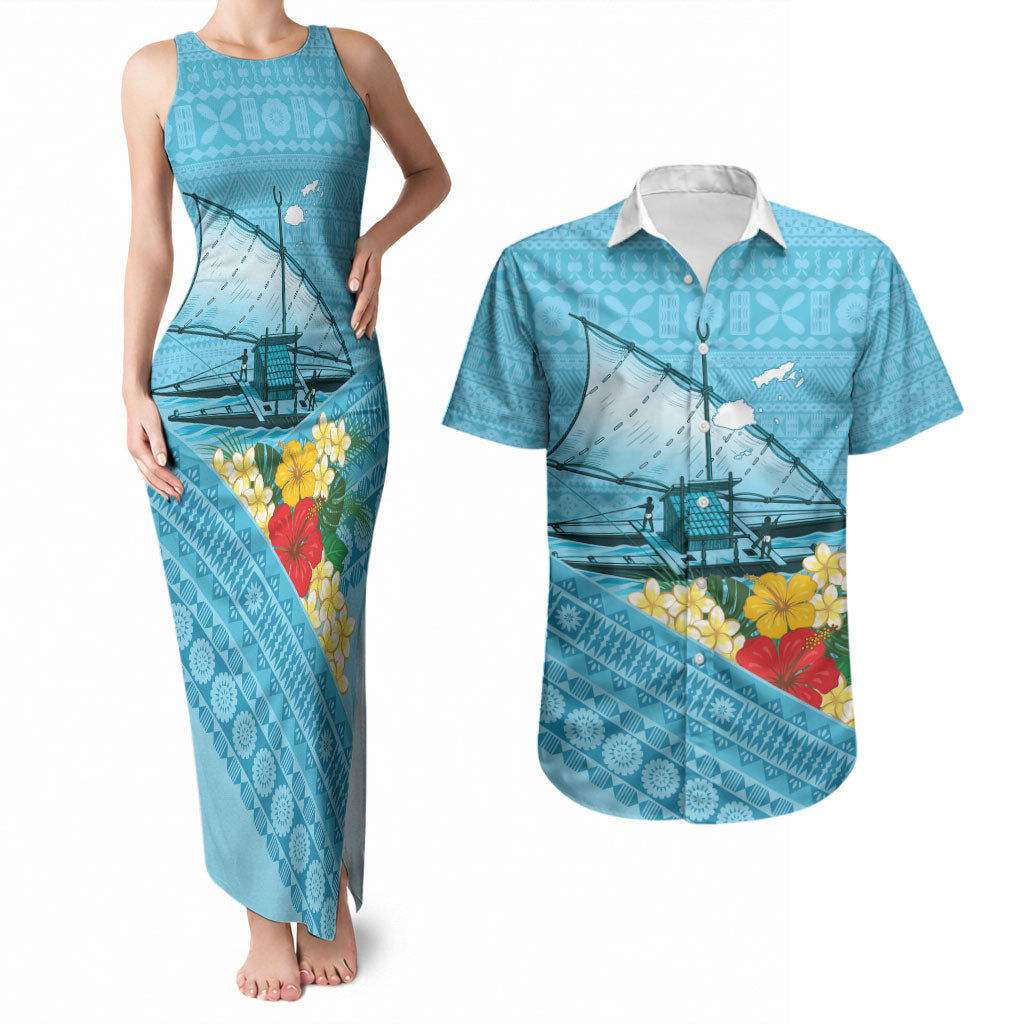 Personalised Bula Vinaka Fiji Drua Couples Matching Tank Maxi Dress and Hawaiian Shirt Fijian Traditional Canoe Tapa Cloth Blue LT14 Blue - Polynesian Pride