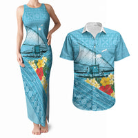 Personalised Bula Vinaka Fiji Drua Couples Matching Tank Maxi Dress and Hawaiian Shirt Fijian Traditional Canoe Tapa Cloth Blue LT14 Blue - Polynesian Pride