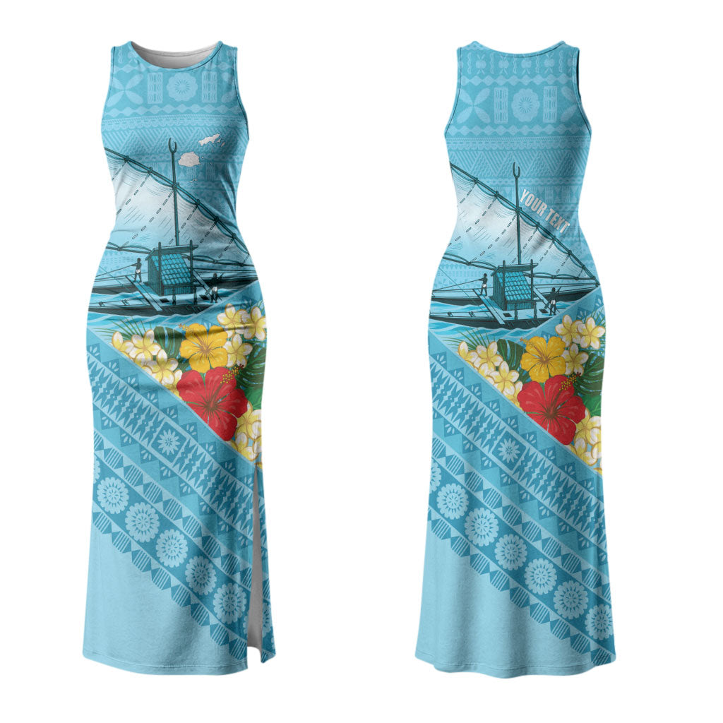 Personalised Bula Vinaka Fiji Drua Couples Matching Tank Maxi Dress and Hawaiian Shirt Fijian Traditional Canoe Tapa Cloth Blue LT14 - Polynesian Pride