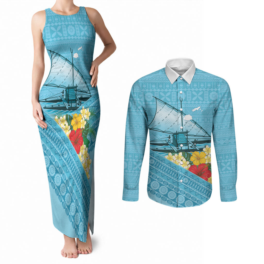 Personalised Bula Vinaka Fiji Drua Couples Matching Tank Maxi Dress and Long Sleeve Button Shirt Fijian Traditional Canoe Tapa Cloth Blue LT14 Blue - Polynesian Pride